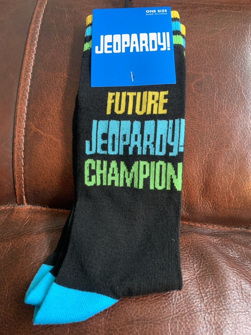 'Future Champion' Black Crew Socks with Blue & Green Accents